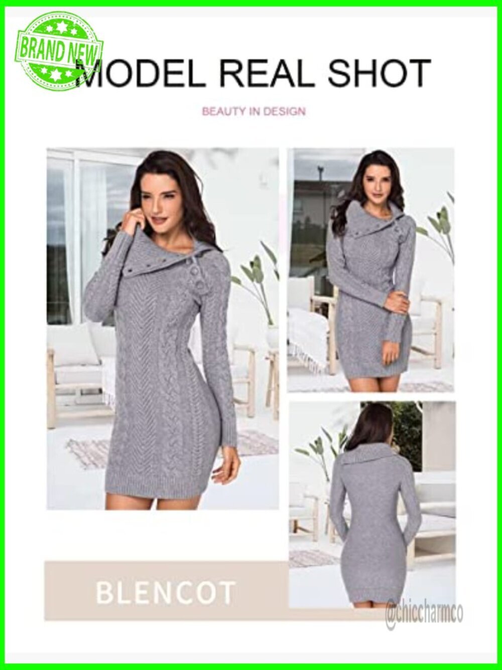 Chunky Cable Knit Turtleneck Pullover Sweater with Pockets Slim Fit - Picture 2 of 7